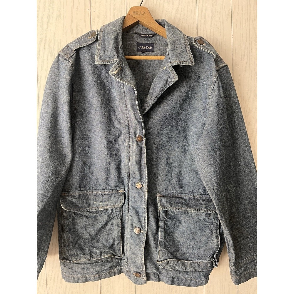 Rare Vintage Calvin Klein Denim Field Jacket USA Made Chore Military epaulette M
